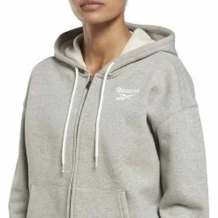 Reebok Identity Zip-Up Full Zip Hoodie Grey White Women -Sports Comprehensive re ht5872 005